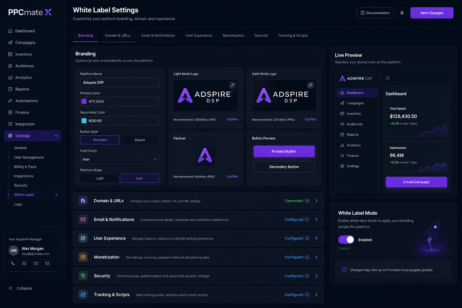 Branding settings: logo, colors, fonts and live preview