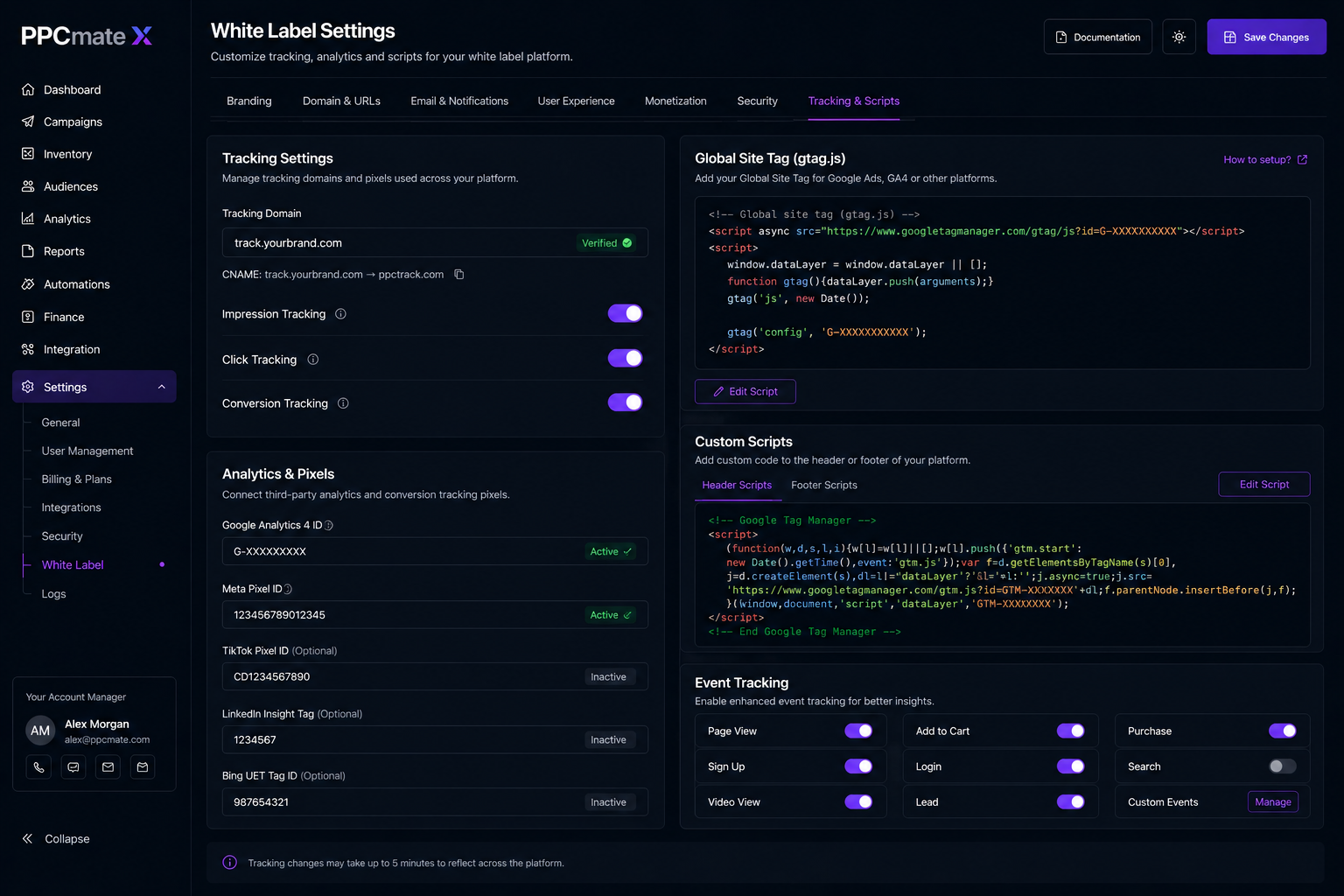 Tracking domain, analytics pixels and custom scripts