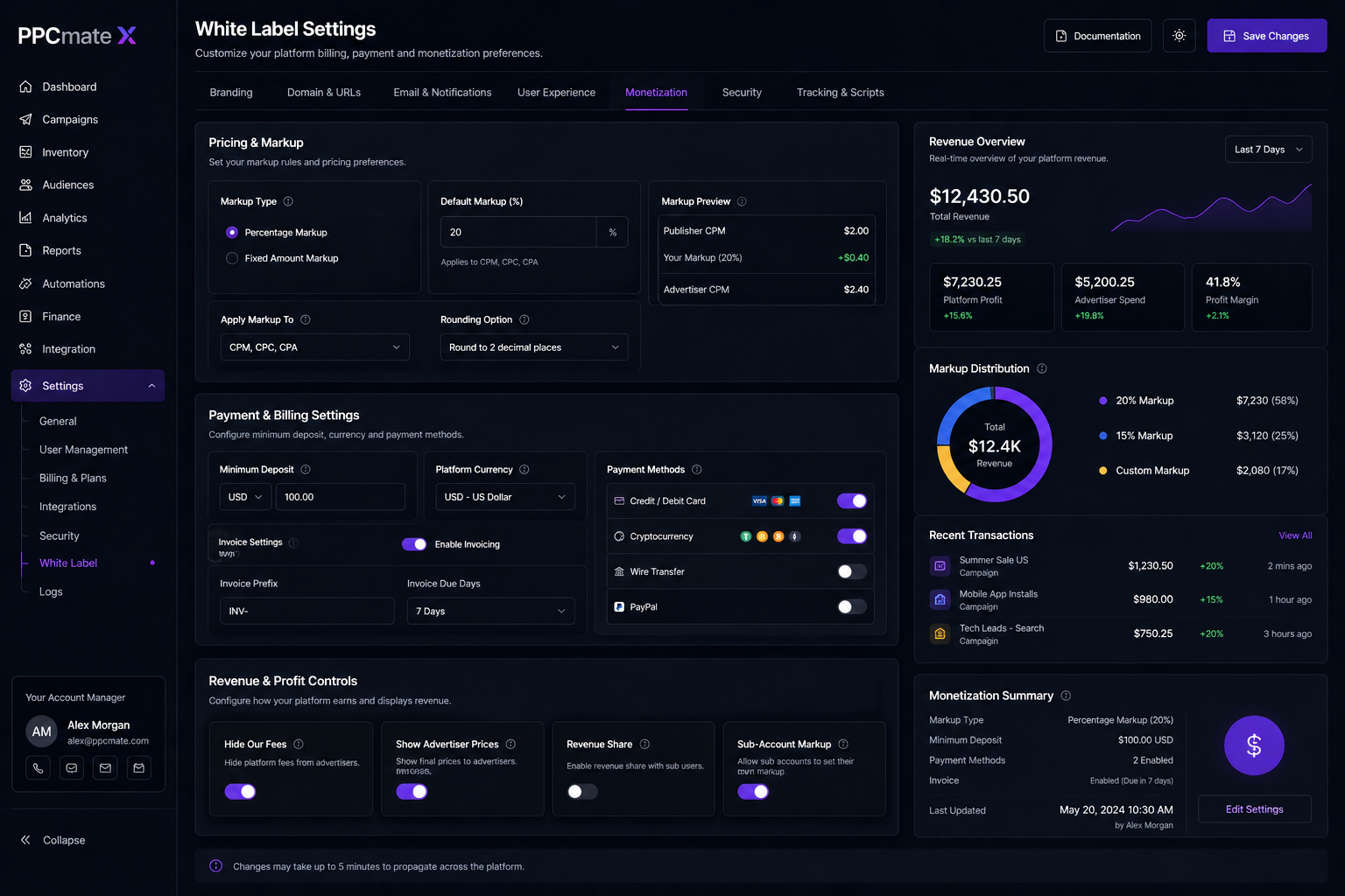 Pricing, markup, payment and revenue controls